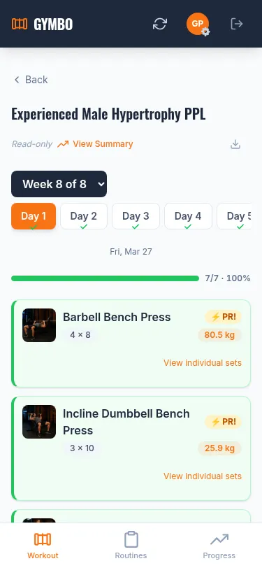 Gymbo workout logging screen with smart weight suggestions
