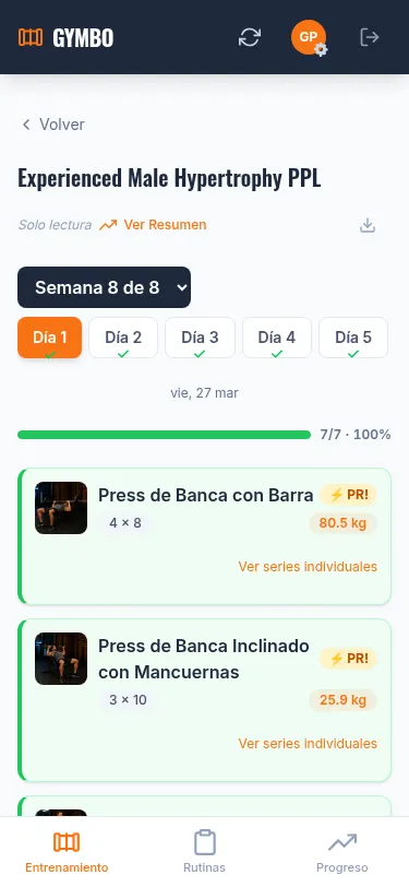 Registro de entrenamiento en Gymbo con sugerencias de peso inteligentes